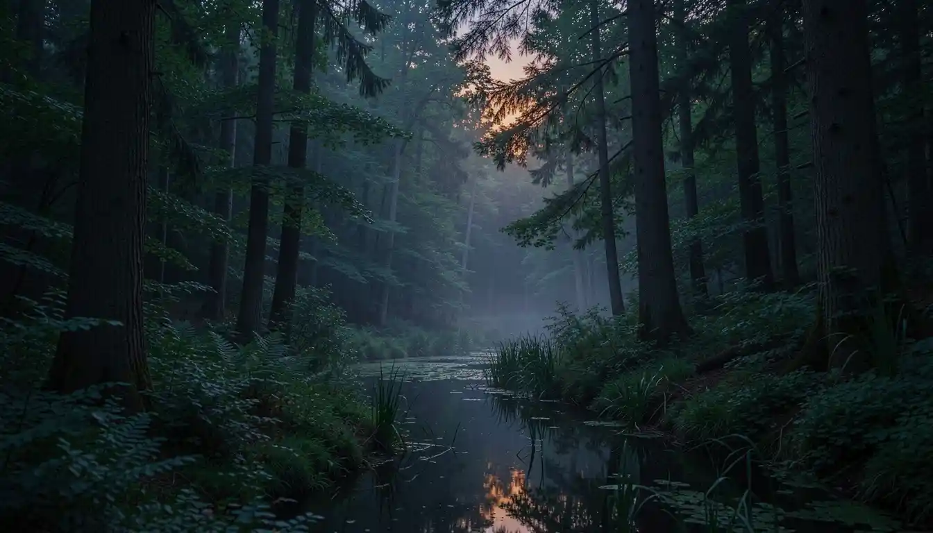 Serene evening scene with deep forest tones suggesting peaceful reflection